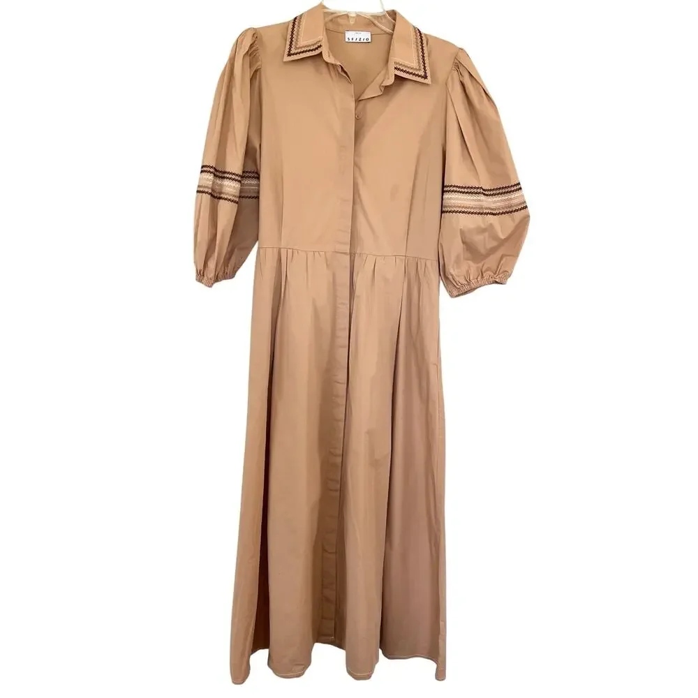Sfizio Tan Embroidered Poplin Puff Short Sleeve A-Line Midi Shirt Dress Size 4